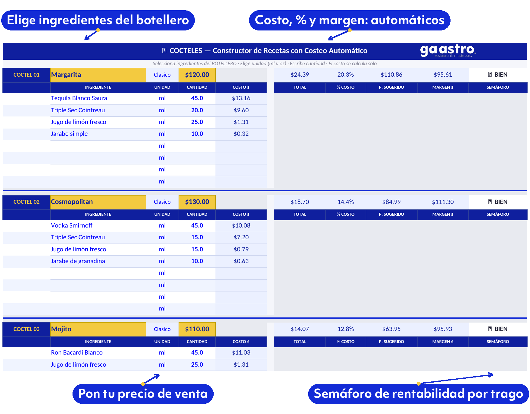vista de costeador-bebidas-barra