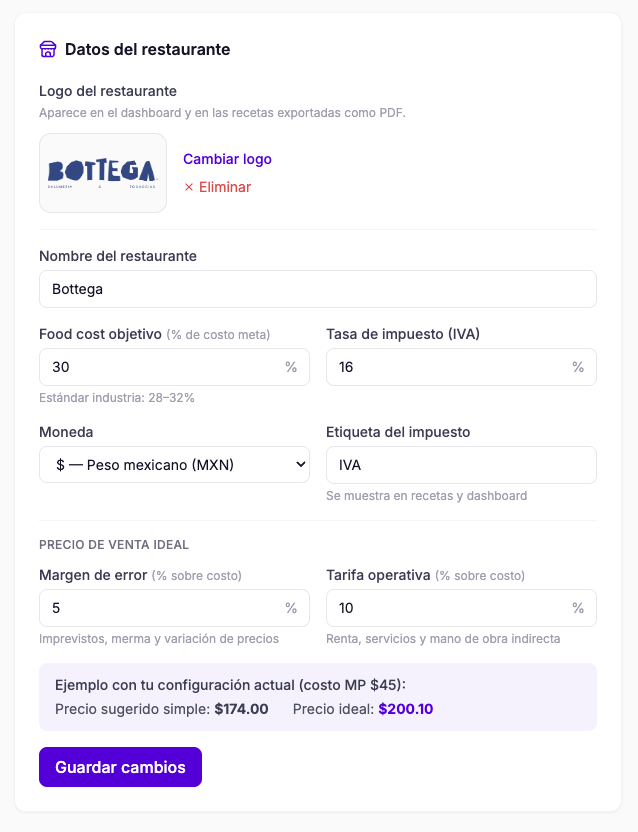 Configuración de moneda e impuesto del restaurante en g·OS